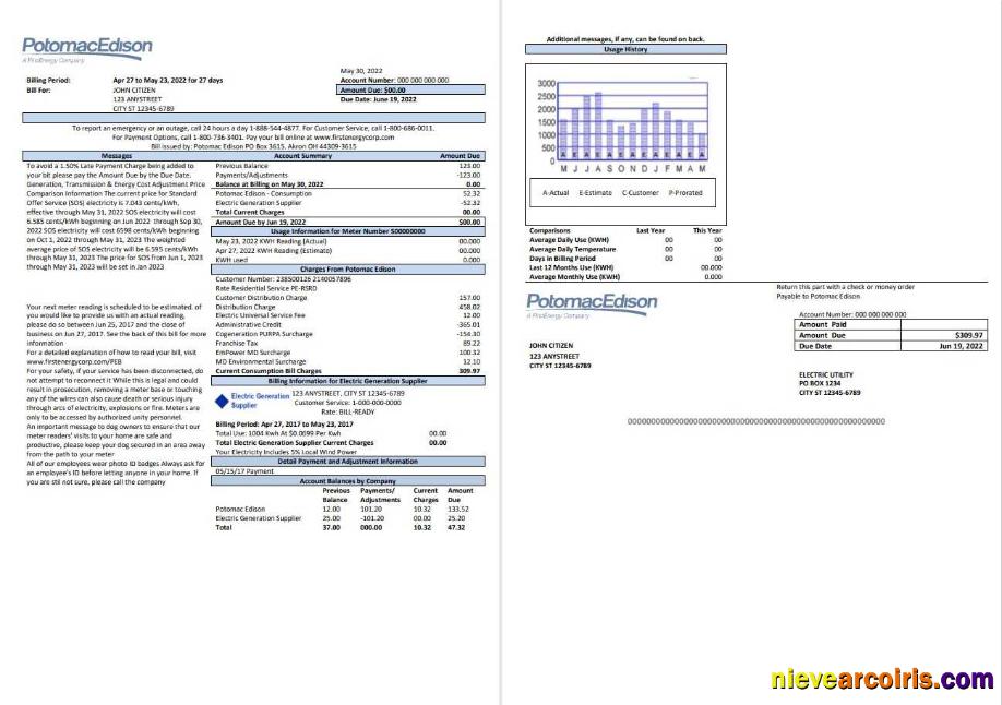USA Maryland Potomac Edison utility bill, 2 pages